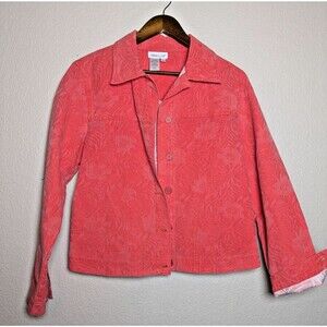 Coral Red Floral Button Jacket Coldwater Creek Size Medium Spring Coastal Resort